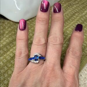 Elegant Blue and Silver Heart Ring size 7